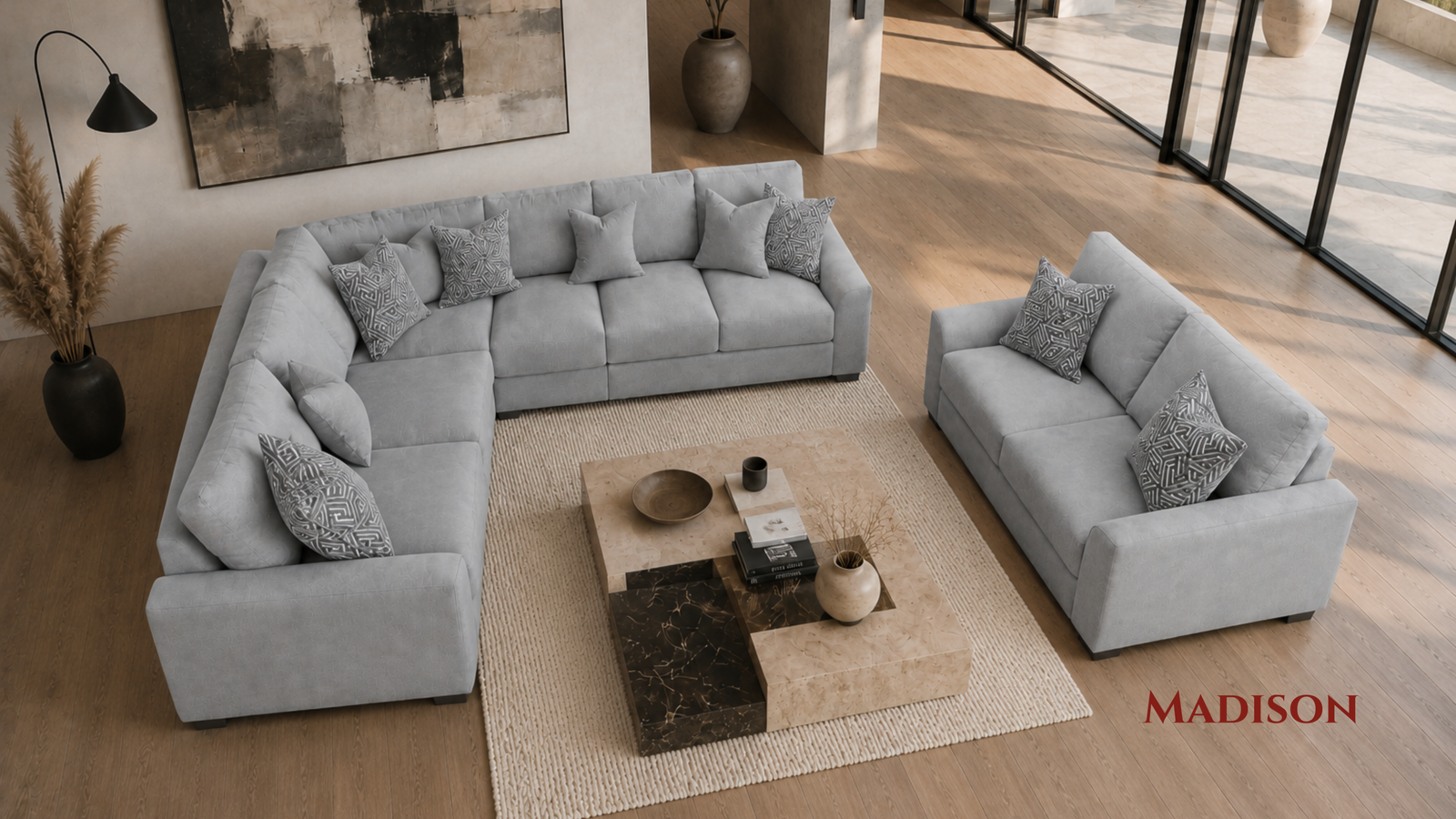 Luxury corner sofa with premium upholstery, spacious seating, and contemporary craftsmanship.